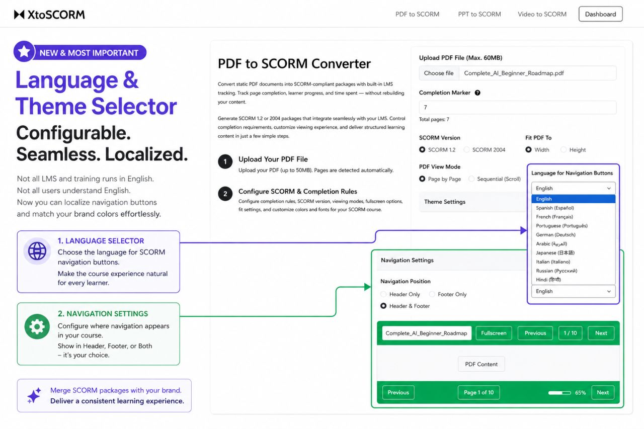 XtoSCORM Theme and Navigation Settings panel with language selector