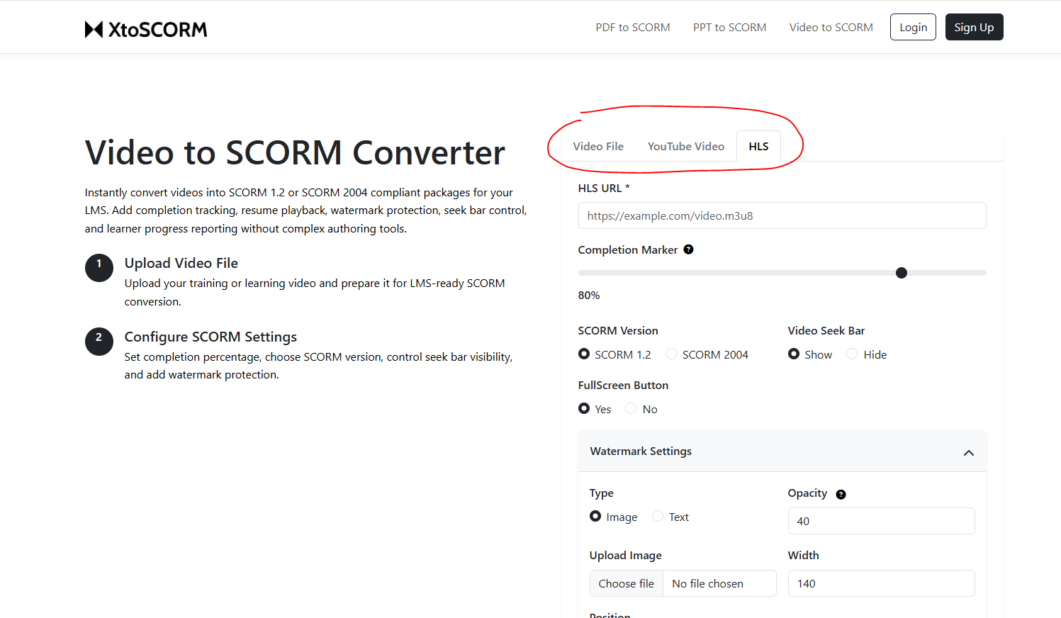 XtoSCORM YouTube and HLS video source support