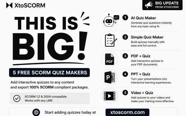 August 2026: This One’s Big, XtoSCORM Now Builds SCORM Quizzes, With AI